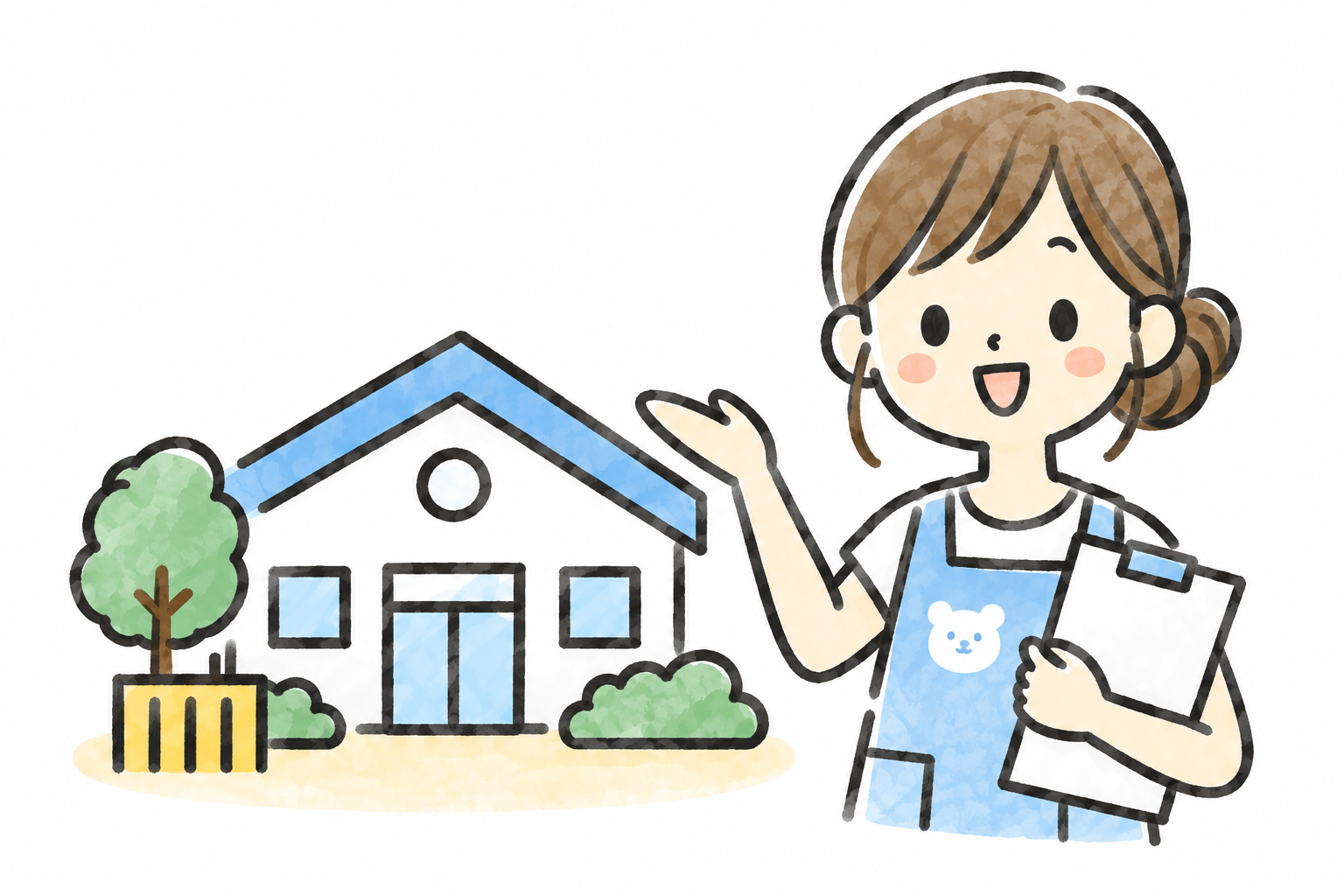 園舎の隣で、保育士が見学をご案内するイラスト