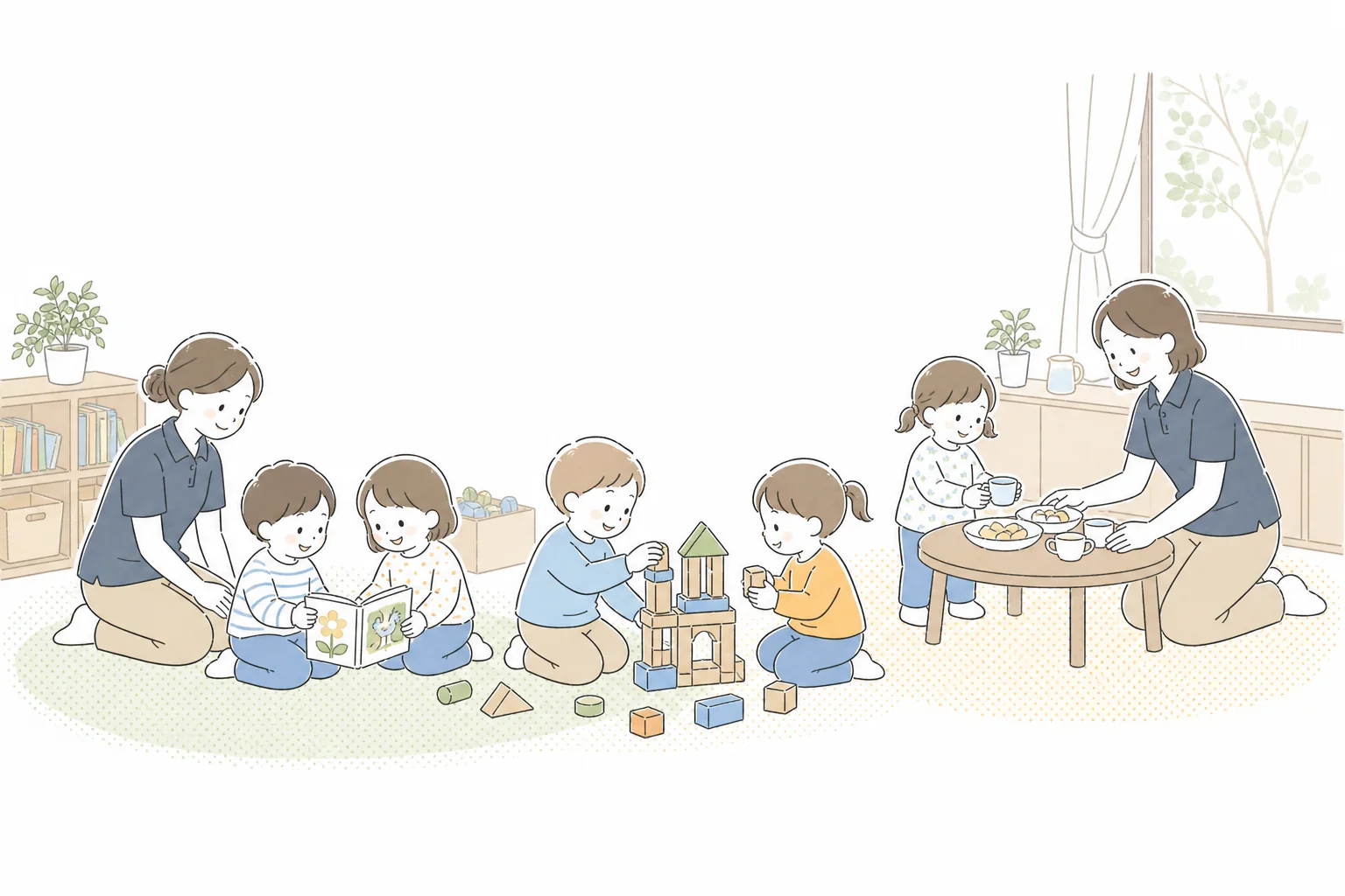 絵本、積み木、食事の準備を通して、子どもたちと保育者が関わる日常の様子