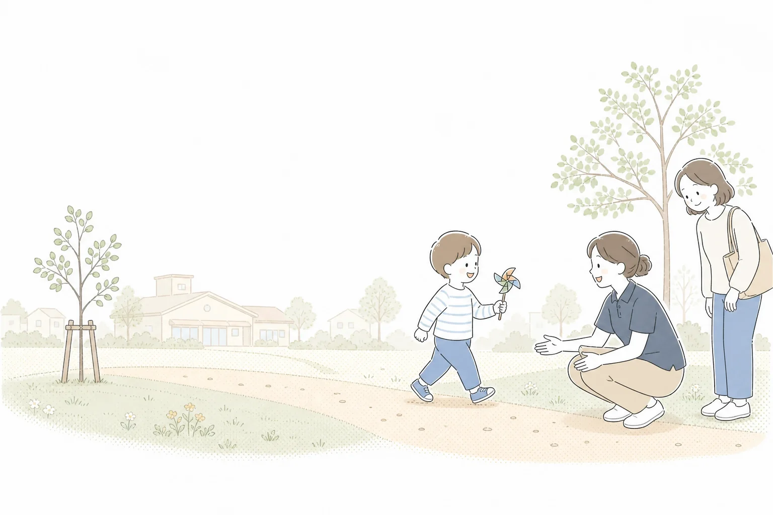保護者と保育者に見守られながら、子どもが未来へ一歩を踏み出す様子