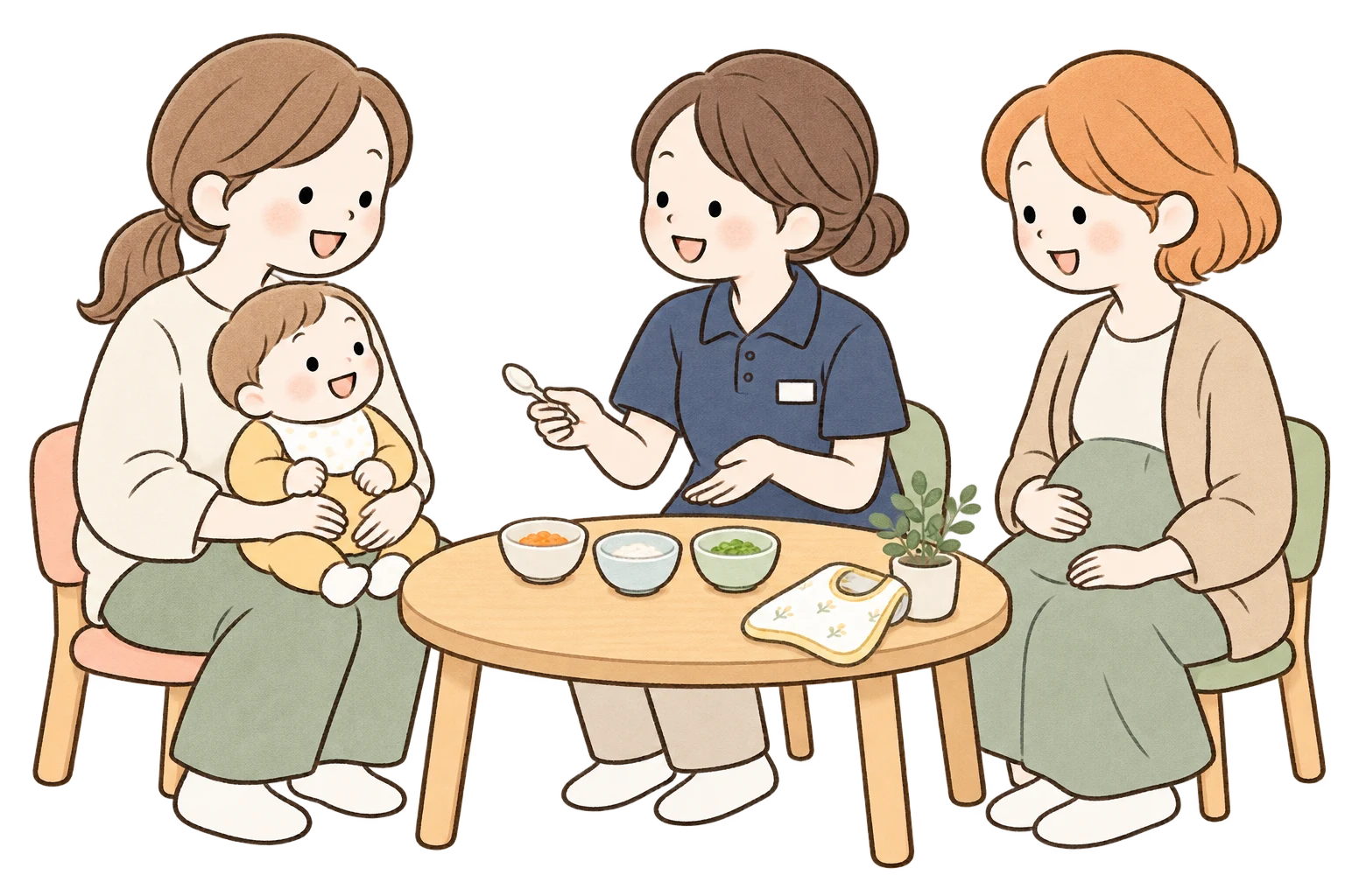 赤ちゃんを抱いた保護者と妊娠中の方に、職員が離乳食を紹介しているイラスト