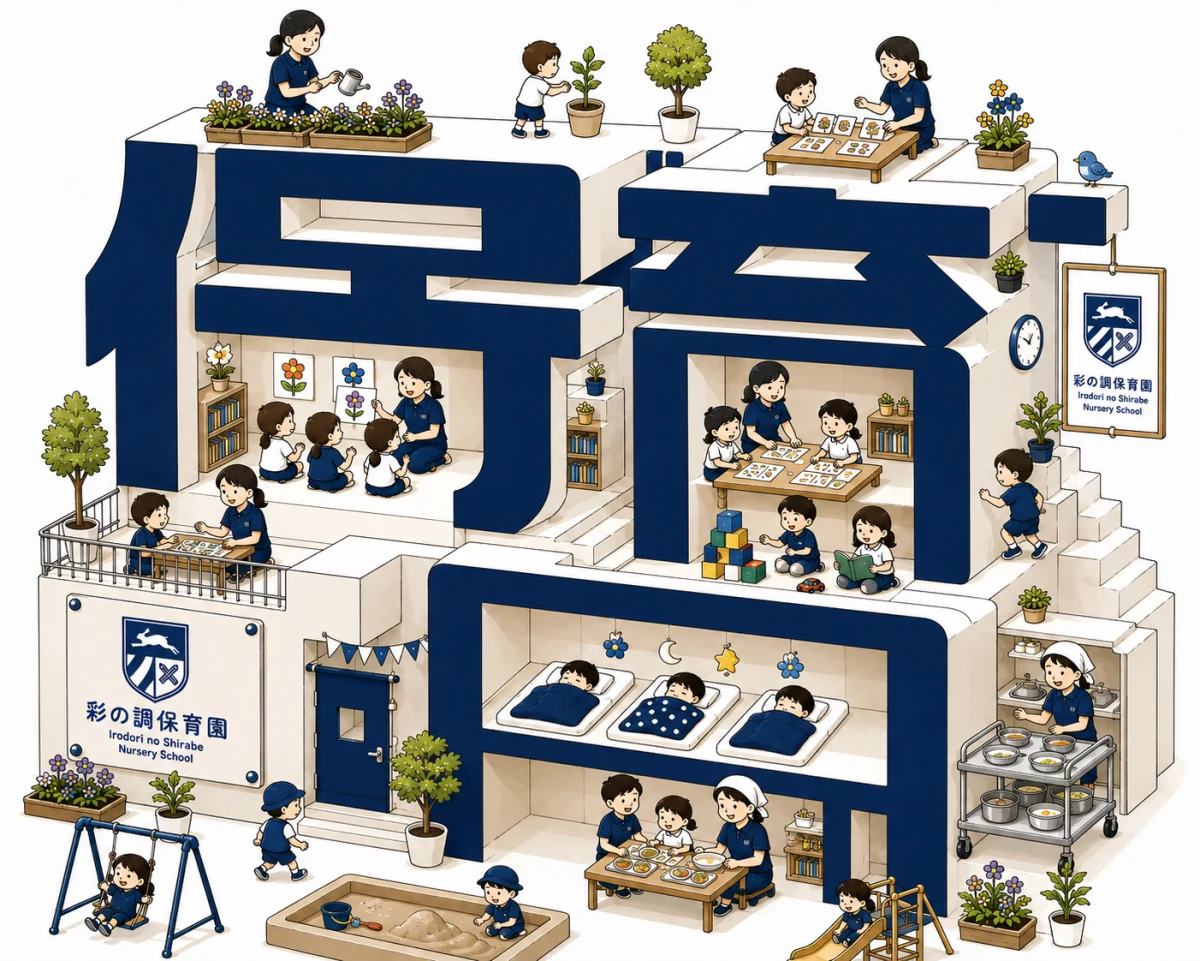 彩の調保育園での個別支援、小集団保育、遊び、生活、保護者支援を描いた図解