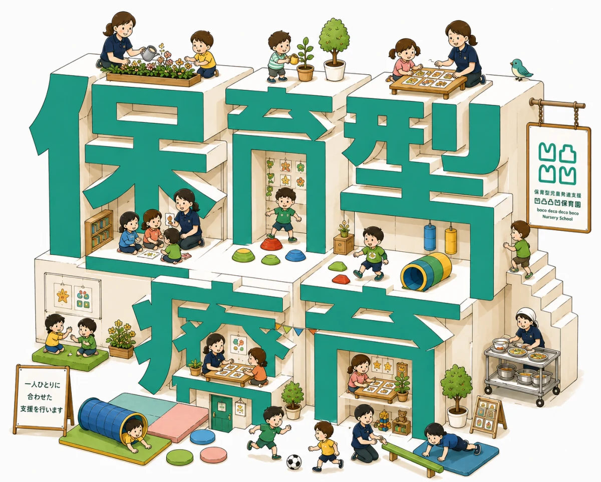 凹凸凸凹保育園での個別支援、小集団療育、遊び、生活、保護者支援を描いた図解