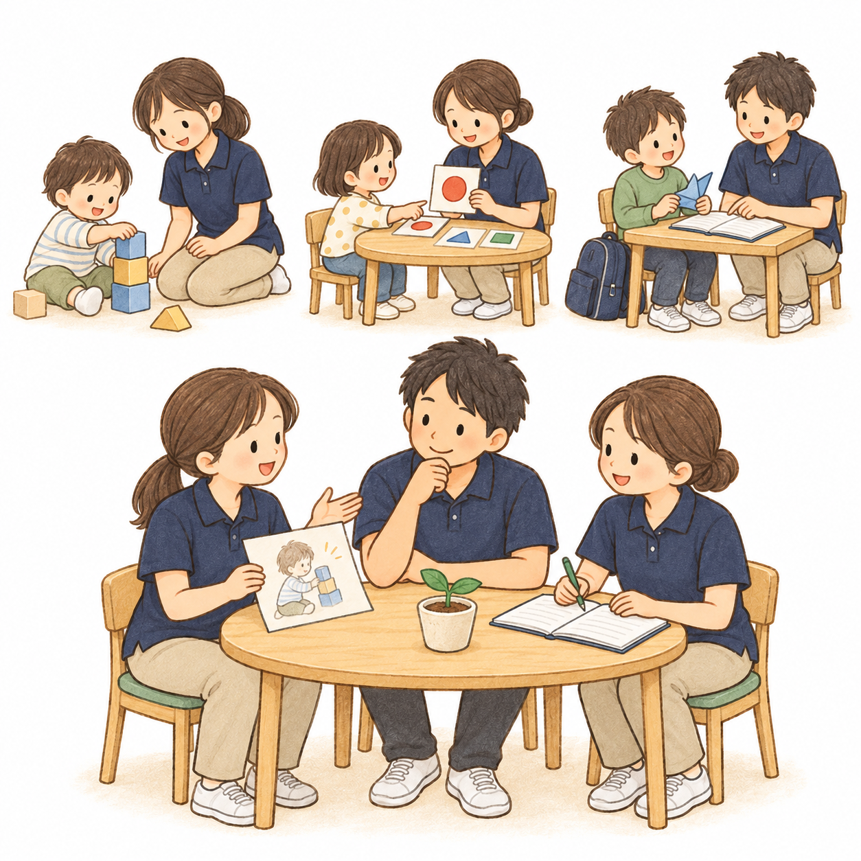 保育園で遊びを見守る職員、子どもに合わせて支援する職員、学童で学びを支える職員。それぞれの専門性を持ち寄り、子どもの姿を共有して話し合うチーム。