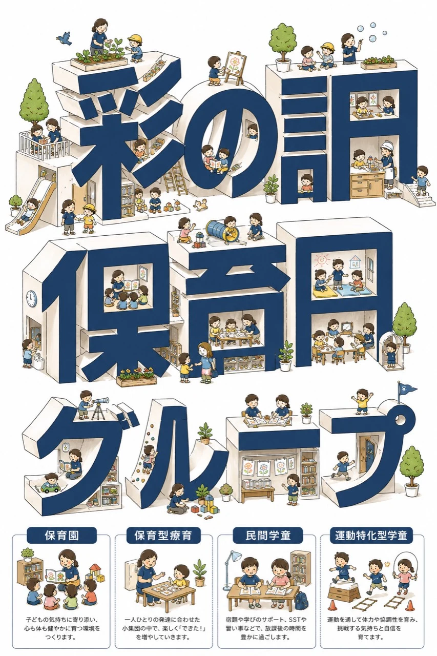 保育・療育・民間学童・運動特化型学童で過ごす子どもと職員を描いた彩の調保育園グループのイラスト